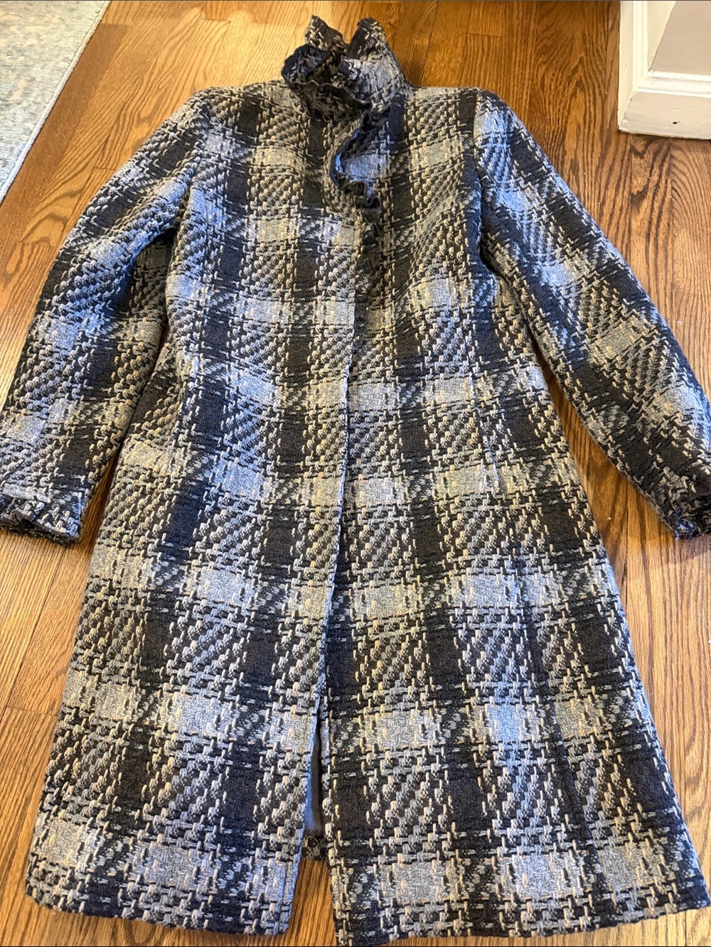 Dkny Black and Gray Plaid Textured Trench Coat Size 8